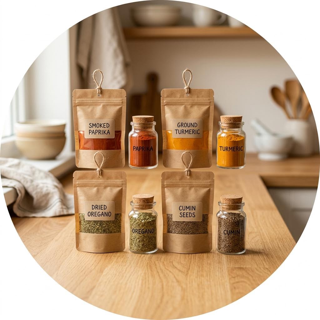 Neatly packed spice pouches and jars