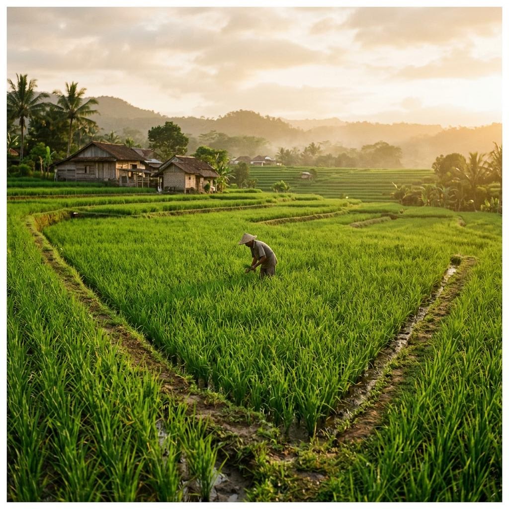 Green crop field at golden hour
