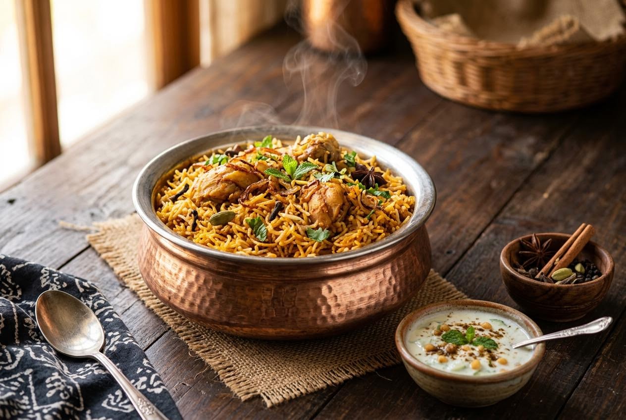 Hyderabadi dum biryani in a copper handi