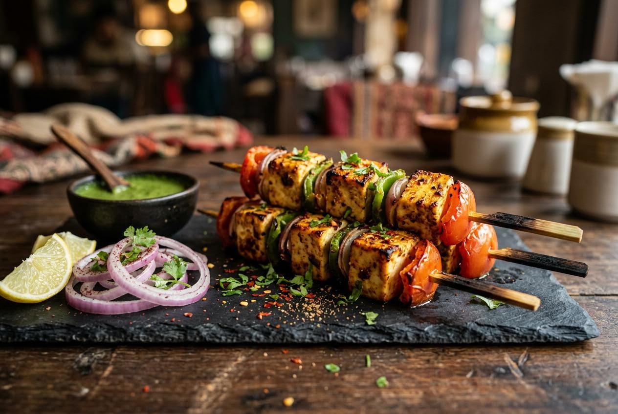 Paneer tikka skewers with mint chutney