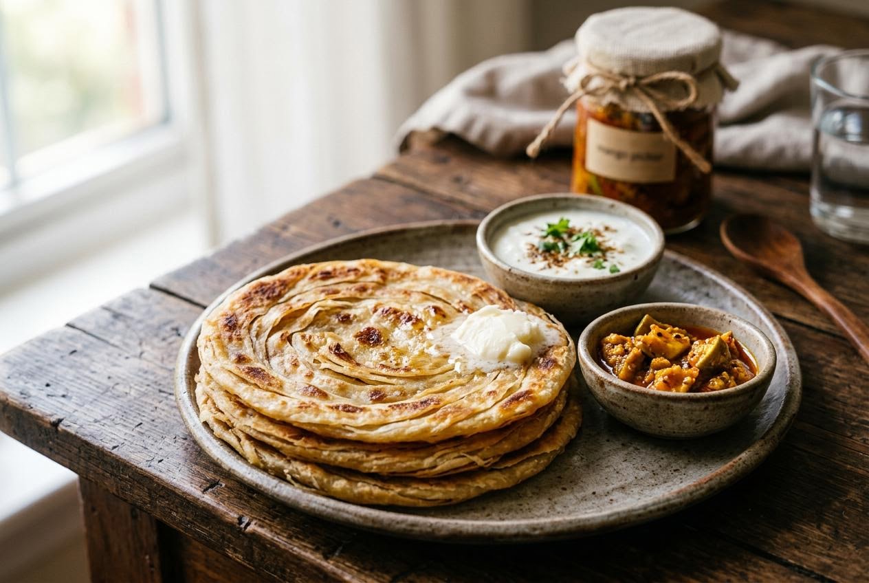 Flaky parantha served with mango pickle, butter and curd